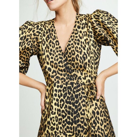 Ganni Bijou Leopard Cotton Wrap Dress Yellow Size 38/ US 6 - Picture 2 of 9